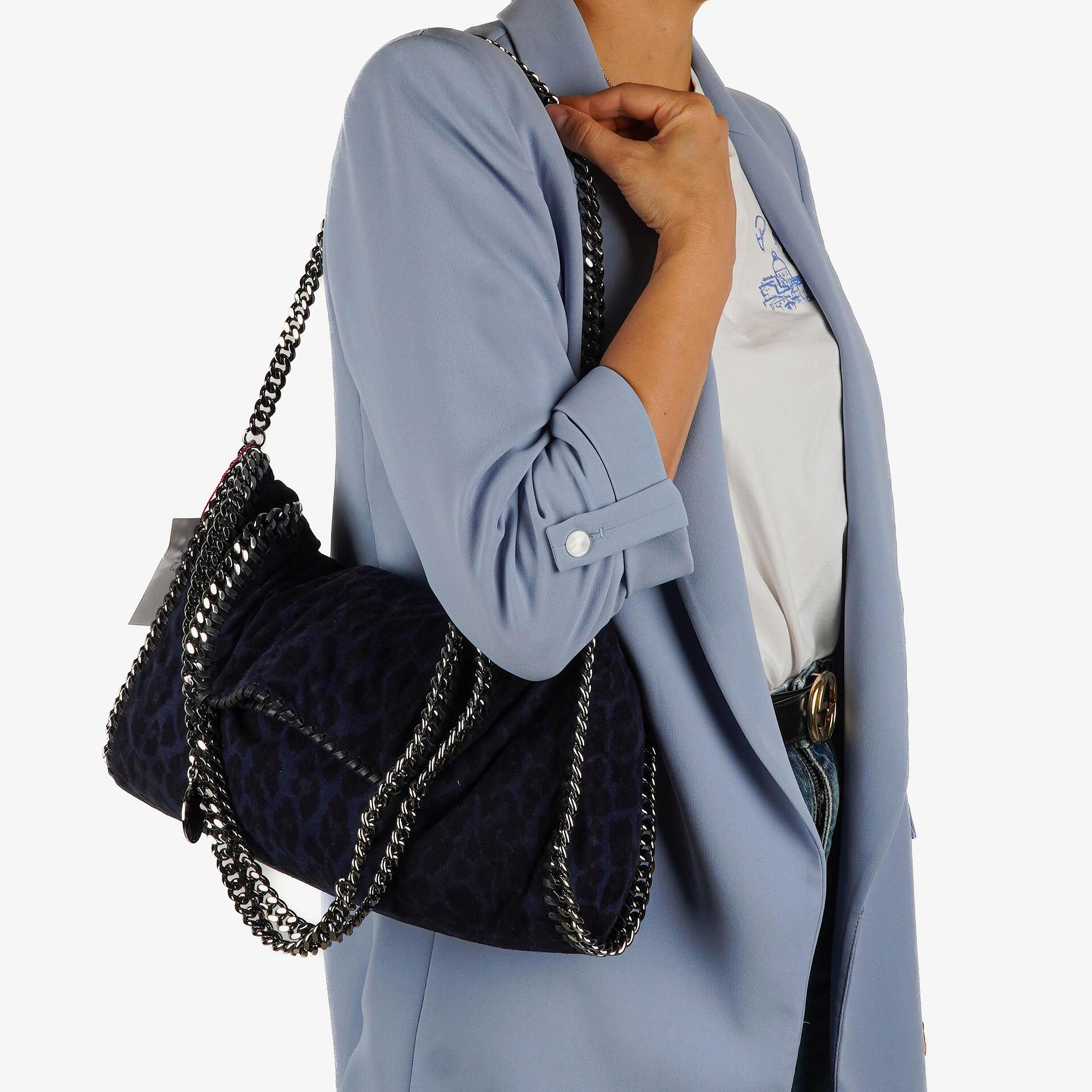 Stella McCartney Falabella Tote Blue Leopard Print Vegan Shaggy Deer Fold Over Bag