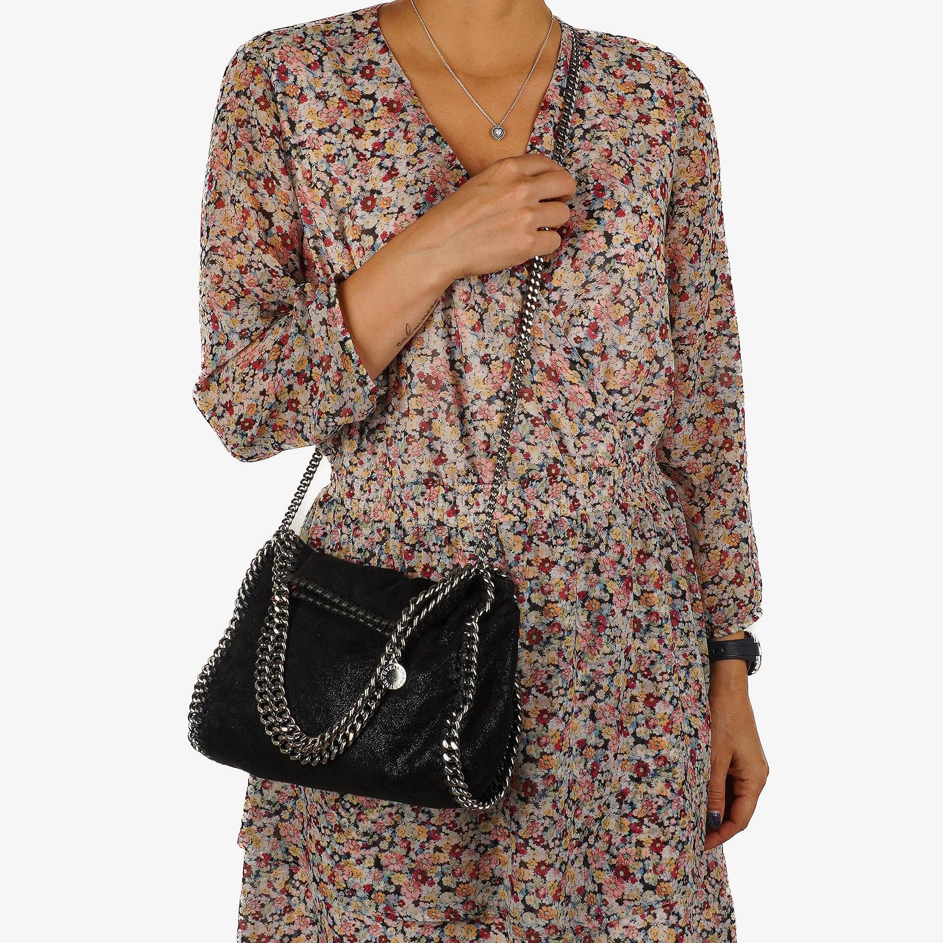 Stella McCartney Mini Tote Falabella Black Vegan Shaggy Deer Fold Over Bag
