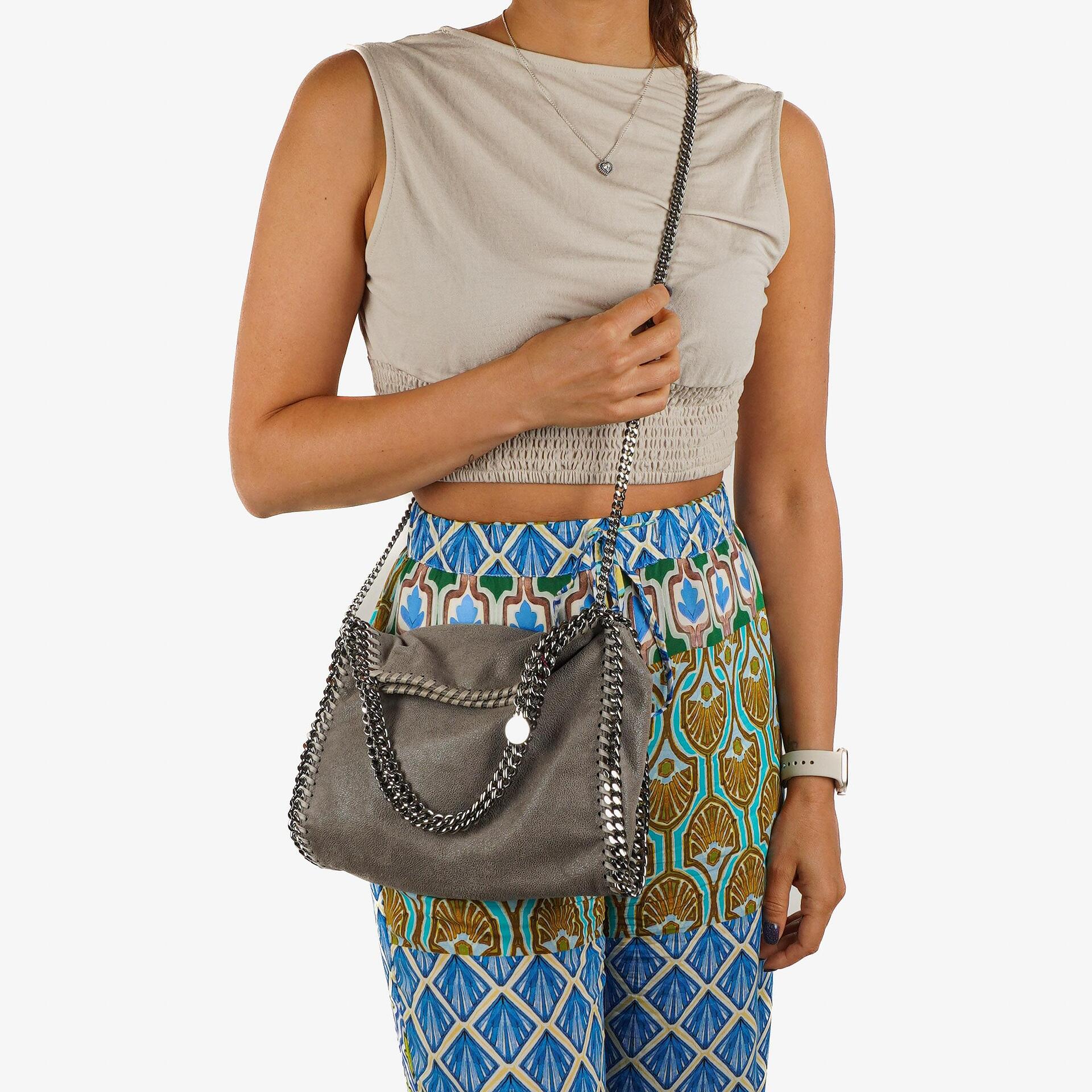 Stella McCartney Mini Tote Falabella Steel Grey Vegan Shaggy Deer Fold Over Bag