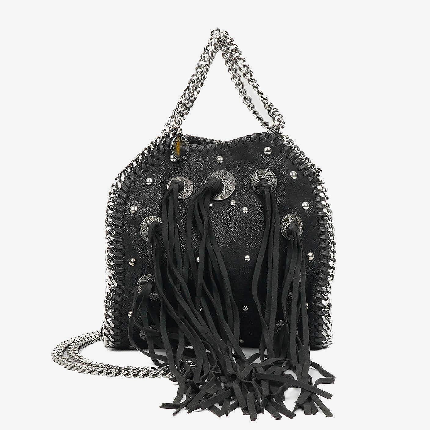 Stella McCartney Tiny Falabella Black Vegan Shaggy Deer Studded Fringe Tote Bag
