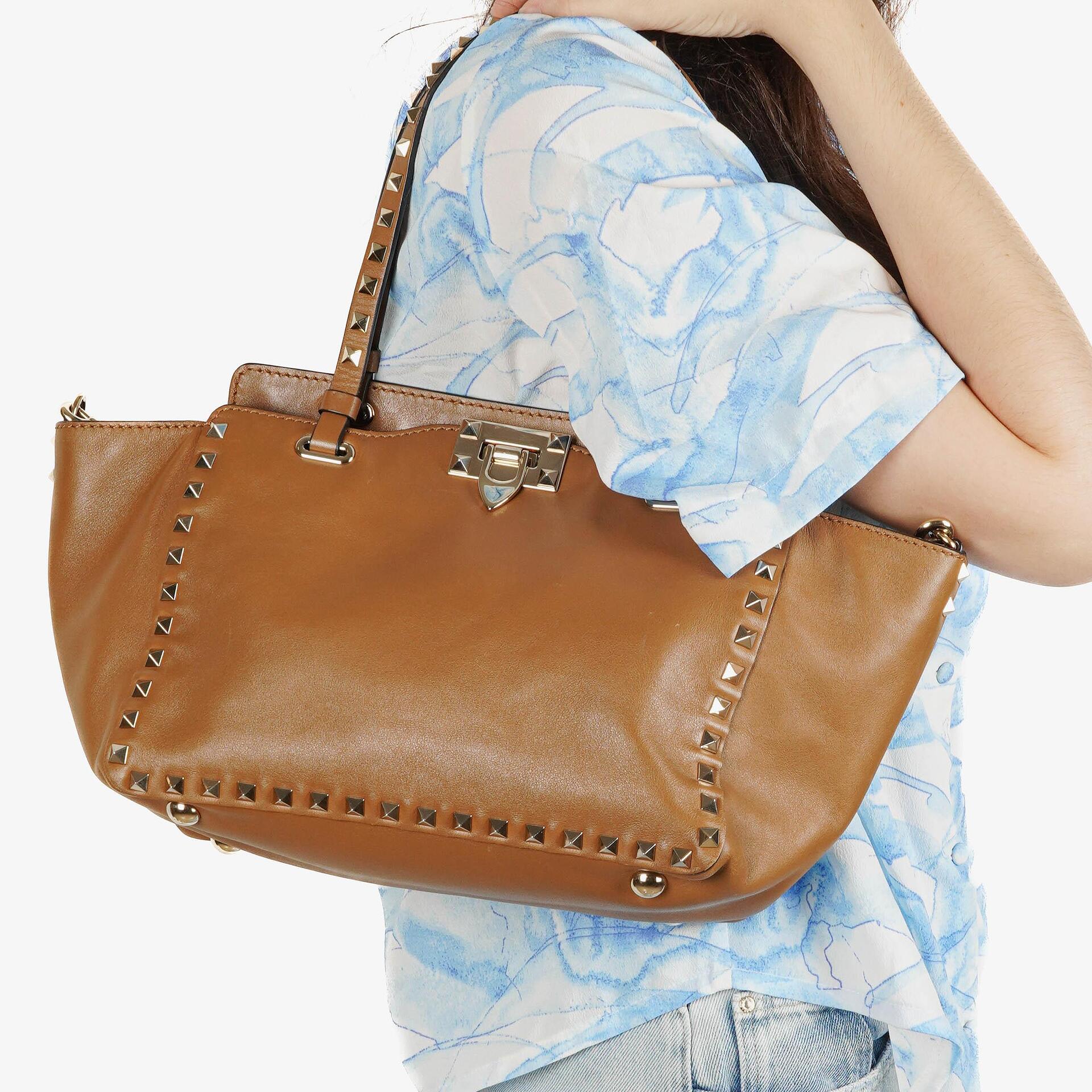 Valentino Garavani Rockstud Small Brown Calfskin Tote Bag
