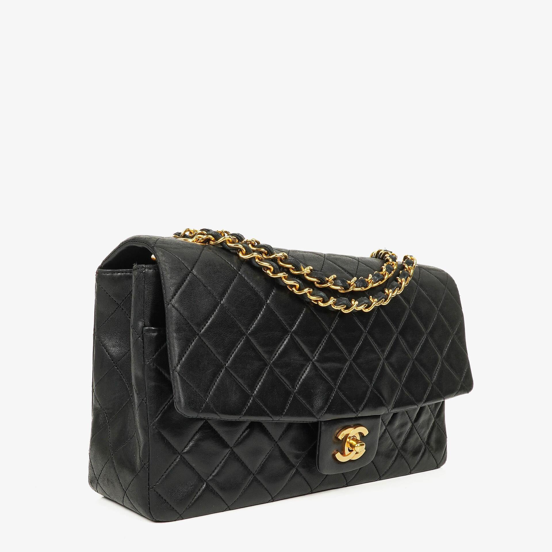 Vintage Chanel Classic Single Flap Bag In Black Quilted Lambskin With 24K Gold-Plated Hardware