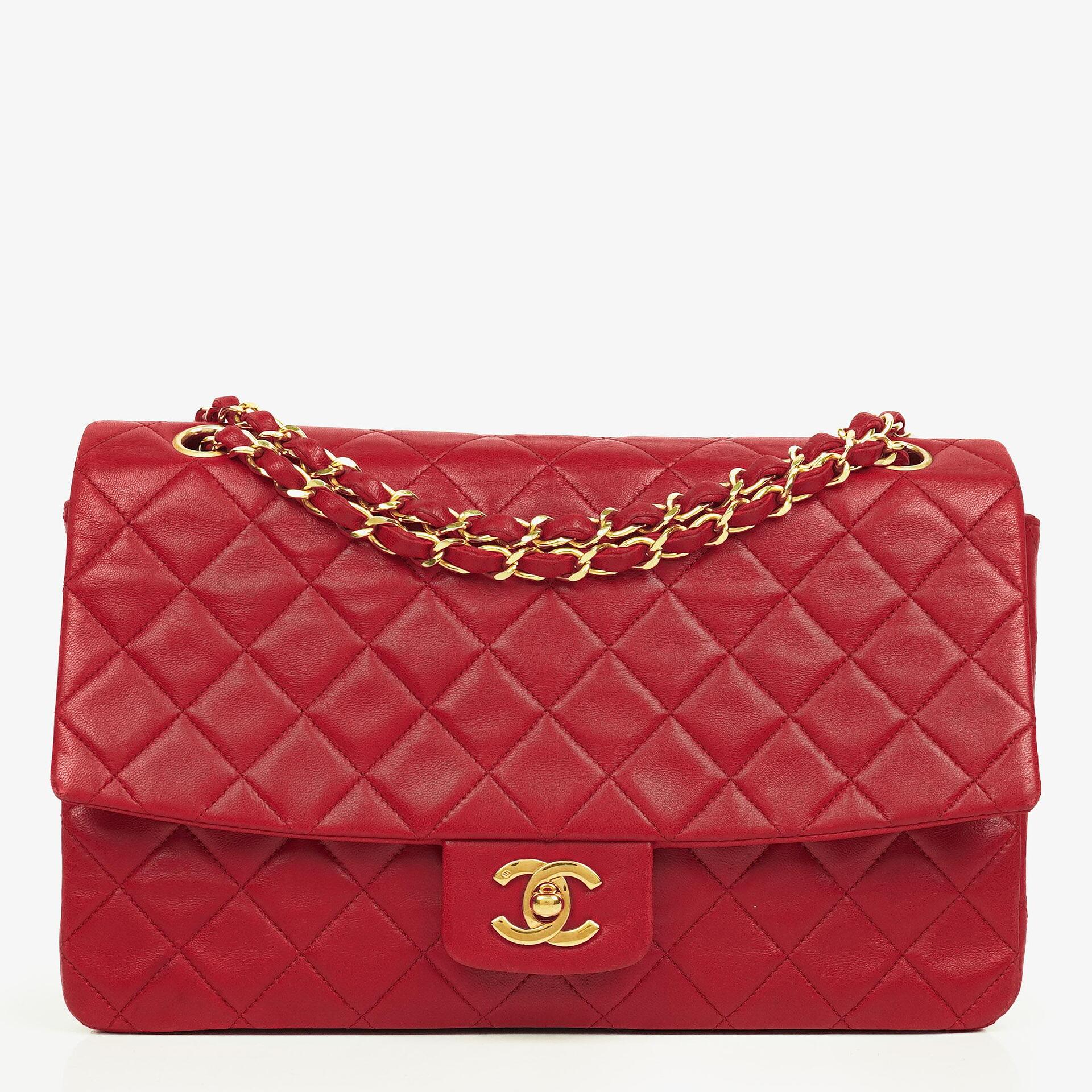 Vintage Chanel Classic Single Flap Bag In Red Quilted Lambskin With 24K Gold-Plated Hardware