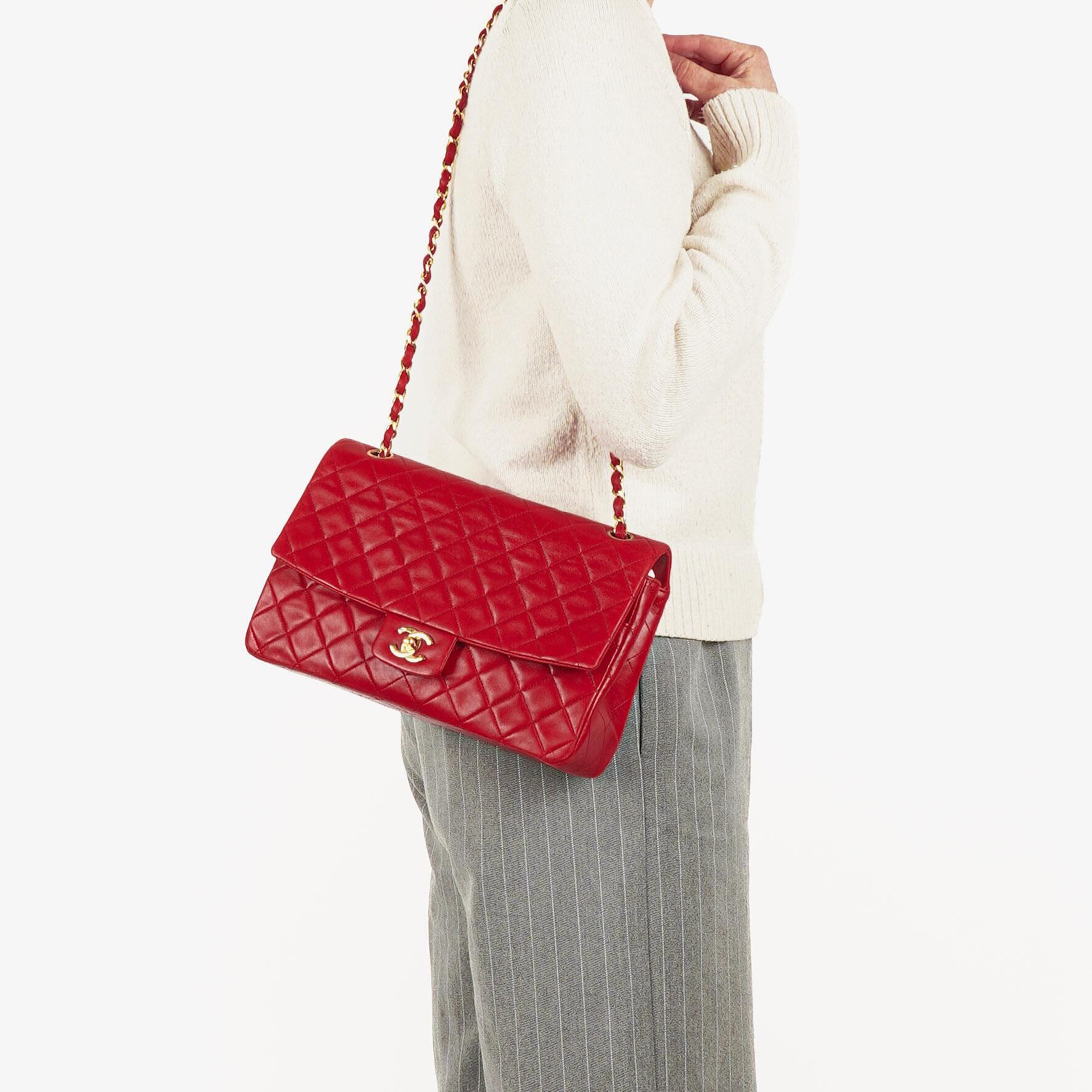Vintage Chanel Classic Single Flap Bag In Red Quilted Lambskin With 24K Gold-Plated Hardware