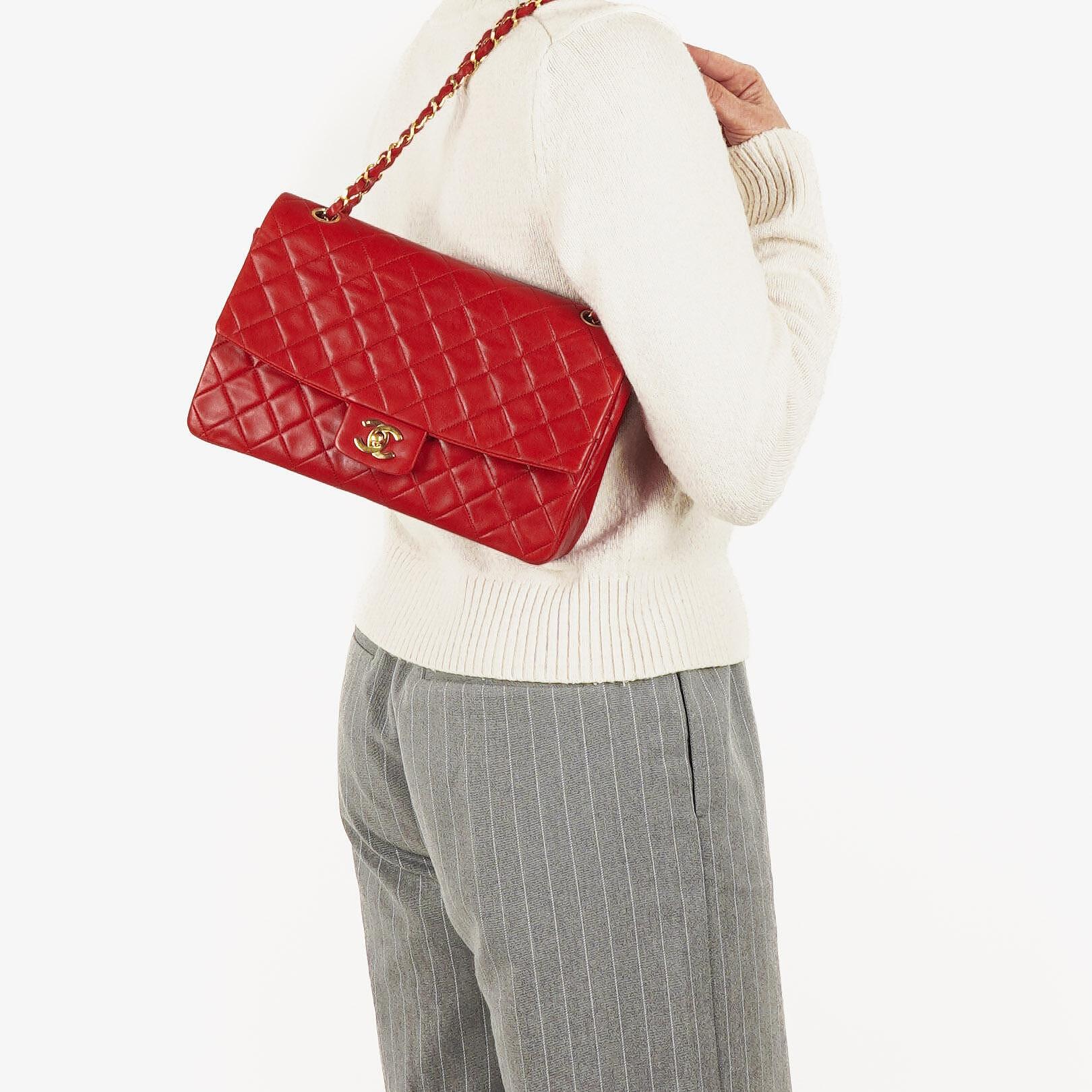 Vintage Chanel Classic Single Flap Bag In Red Quilted Lambskin With 24K Gold-Plated Hardware