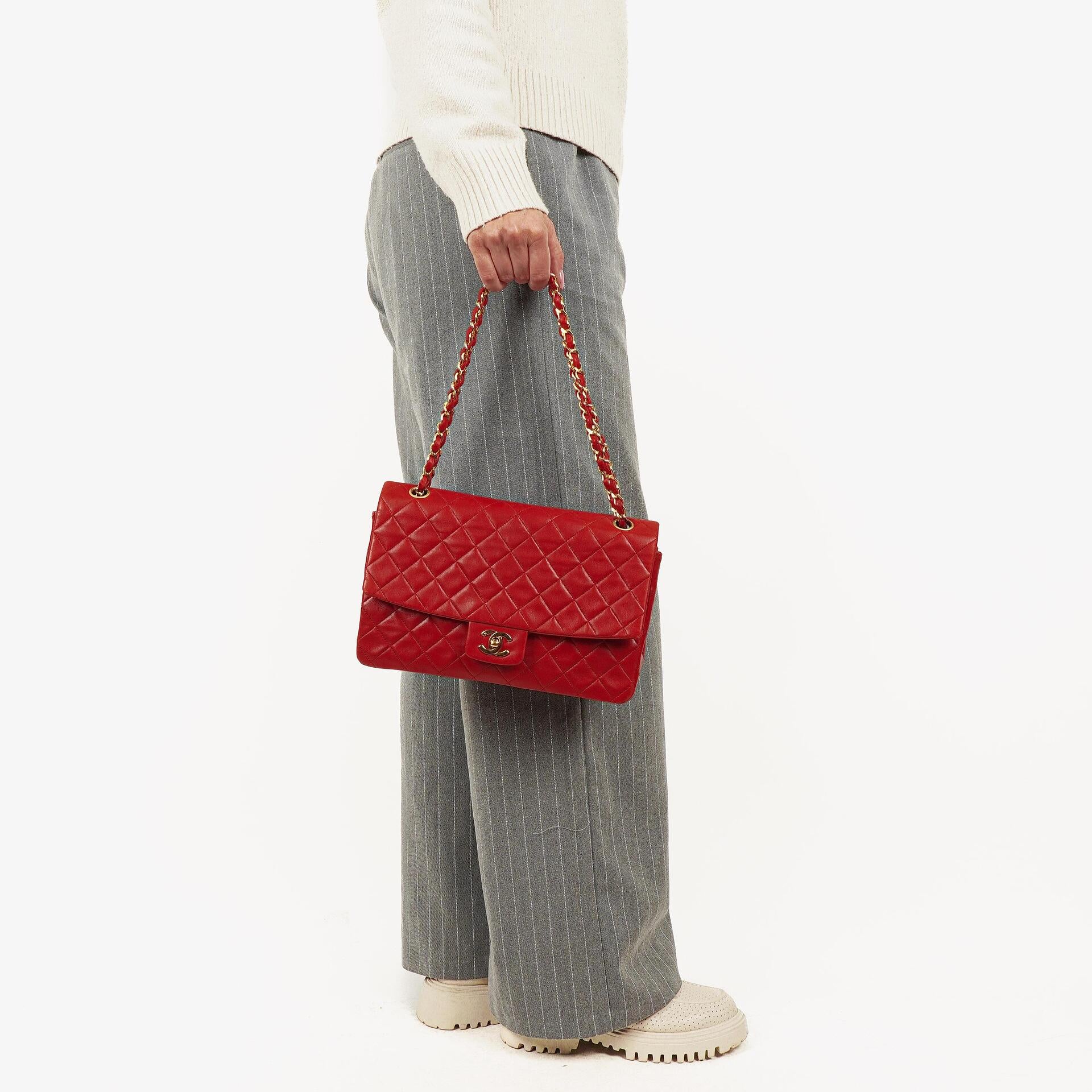 Vintage Chanel Classic Single Flap Bag In Red Quilted Lambskin With 24K Gold-Plated Hardware