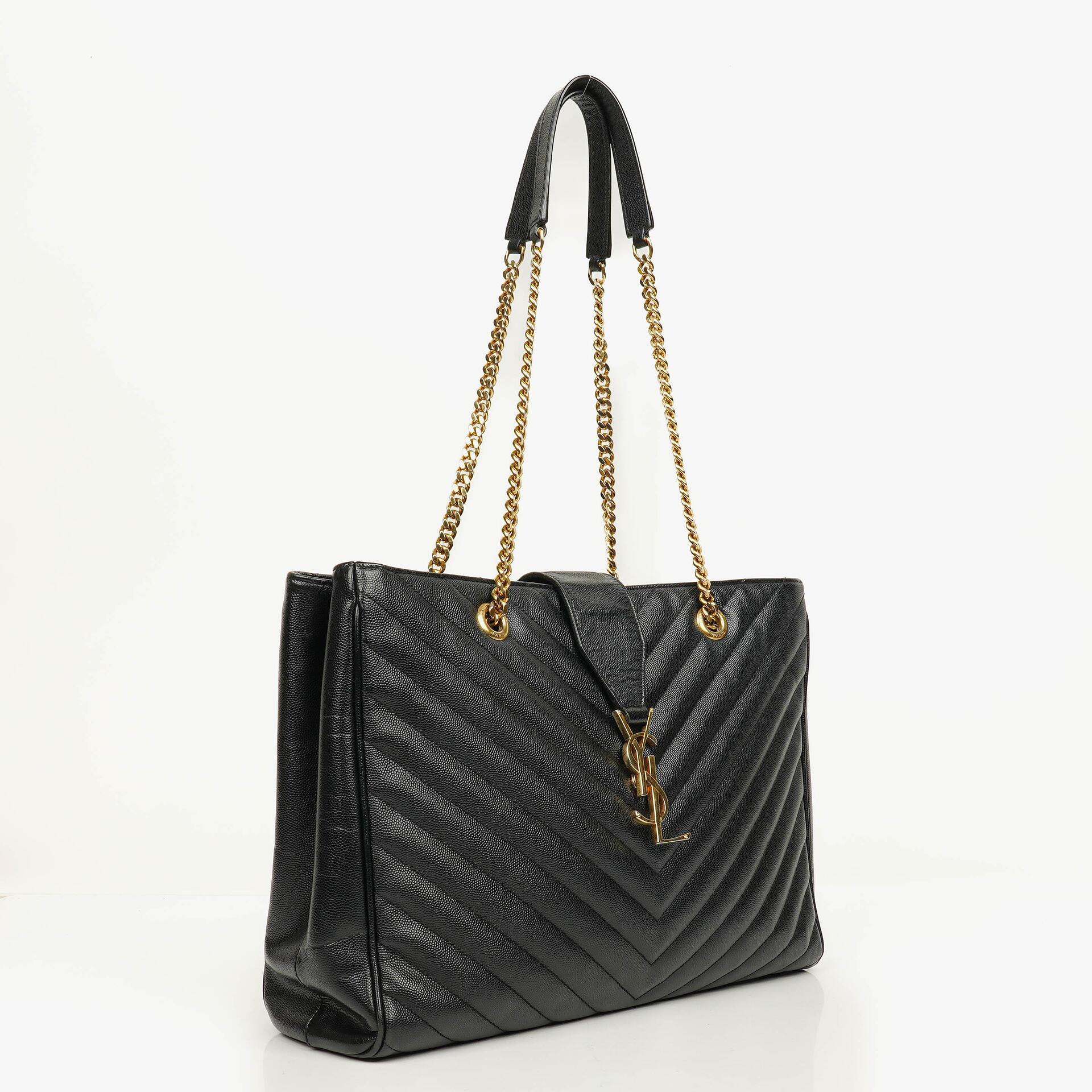 Yves Saint Laurent Classic Chevron Quilted Leather Monogram Black Shopping Tote Bag