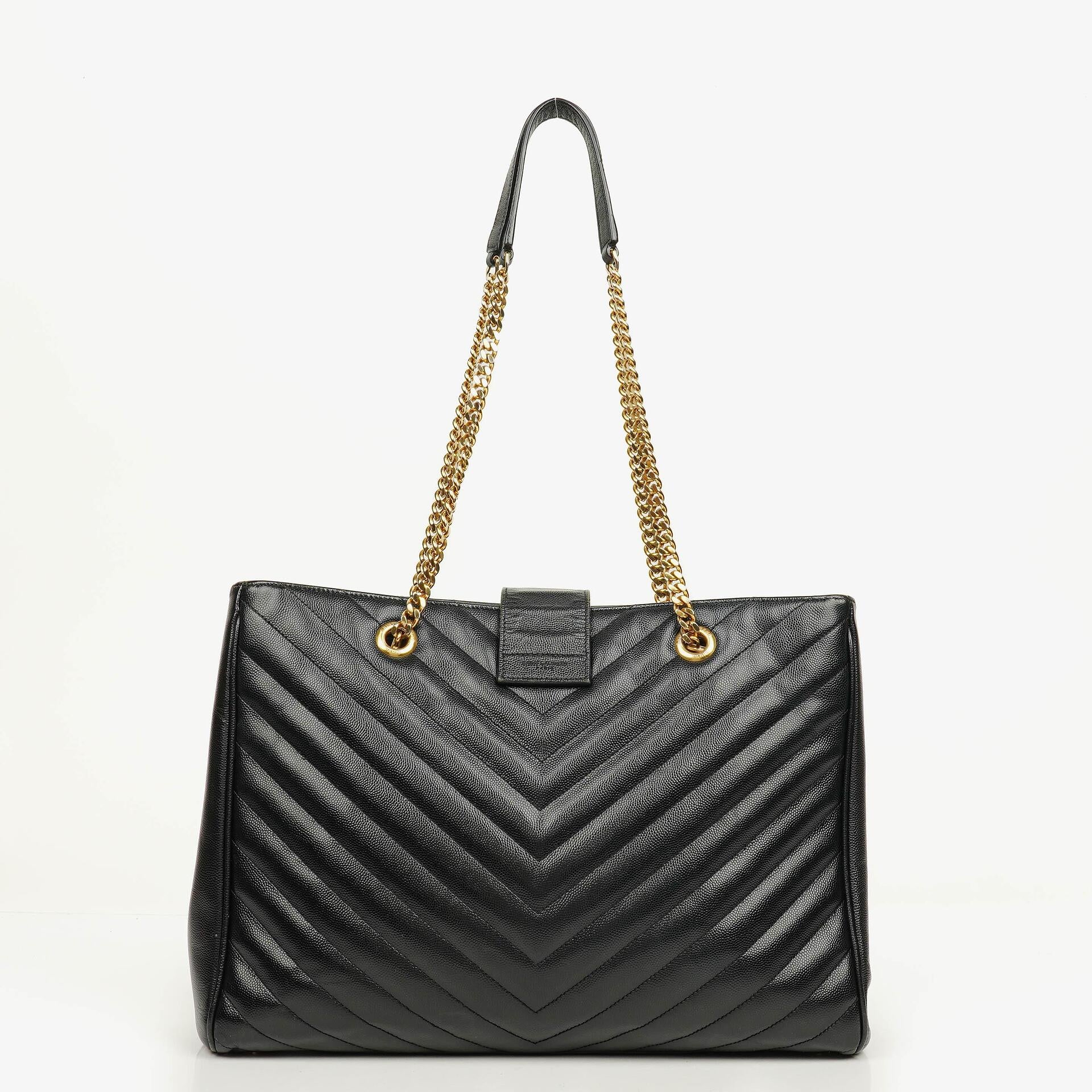 Yves Saint Laurent Classic Chevron Quilted Leather Monogram Black Shopping Tote Bag