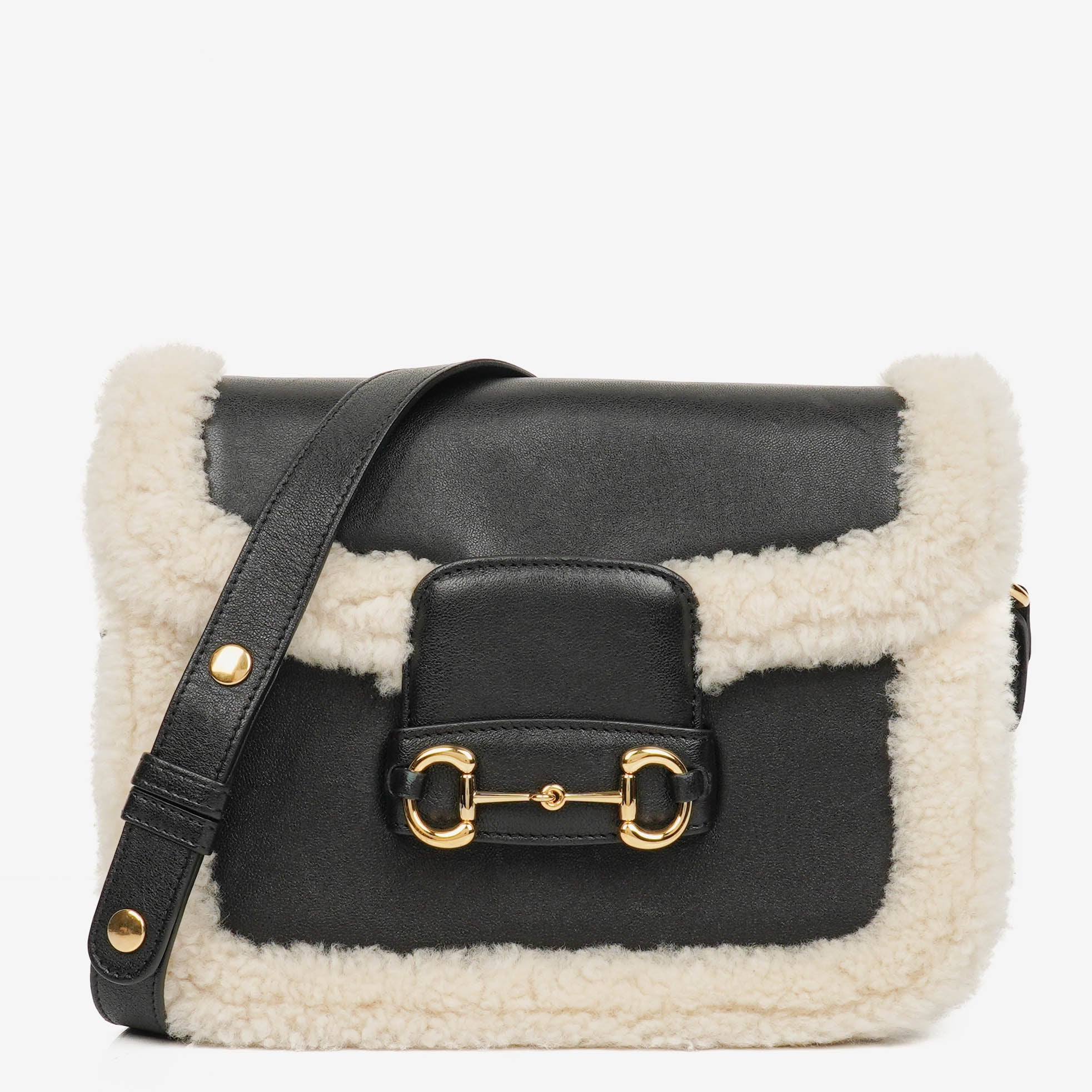 Pre-owned Gucci Horsebit 1955 shoulder bag in black and white leather and shearling
