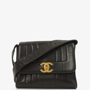 Chanel Maxi Logo Crossbody Flap Bag Black Vertical Quilted Lambskin 24K Gold-Plated Hardware