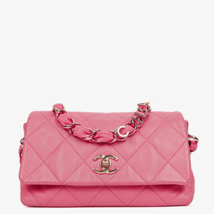 Chanel Pink SIngle Flap Bag Quilted Leather With Champaigne Gold-Tone Hardware