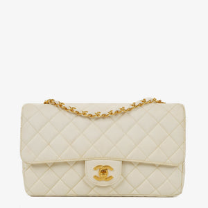 Chanel Medium Classic White Fabric Single Flap Bag With 24K Gold-Plated Hardware