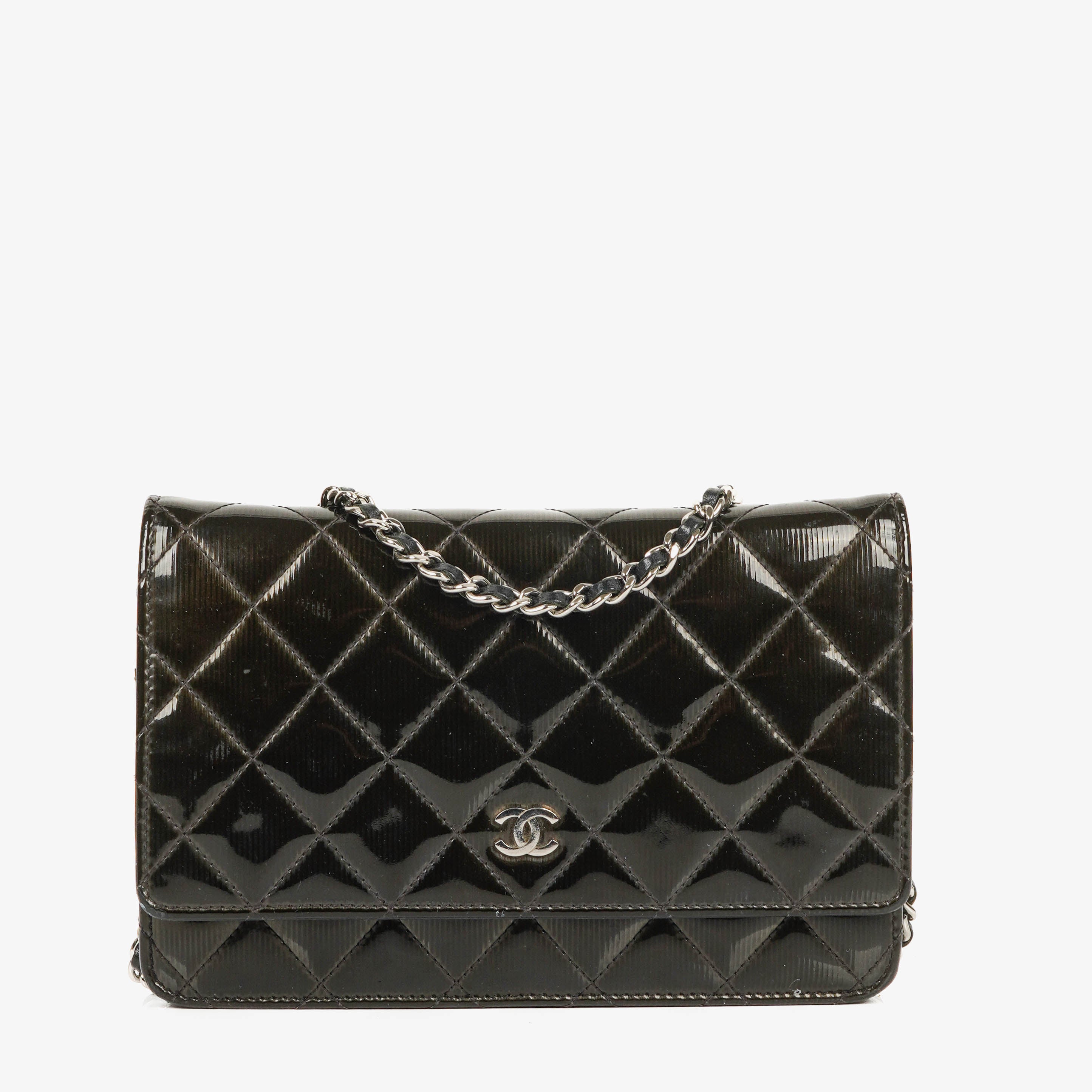 Chanel Black Patent Leather Quilted Wallet On Chain Bag