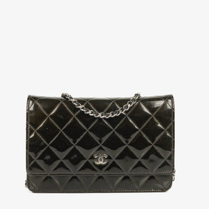 Chanel Black Patent Leather Quilted Wallet On Chain Bag