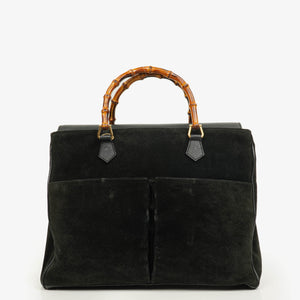 Gucci Black Vintage Suede Bamboo Tote