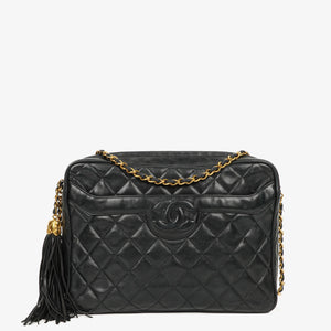 Chanel Vintage Camera Tassel Bag CC Front Pocket Black Quilted Lambskin