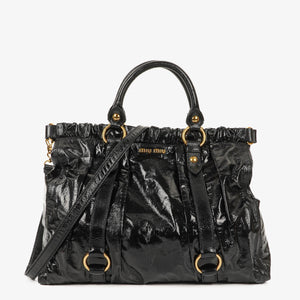 Miu Miu Vitello Black Gathered Patent Leather Satchel Bag