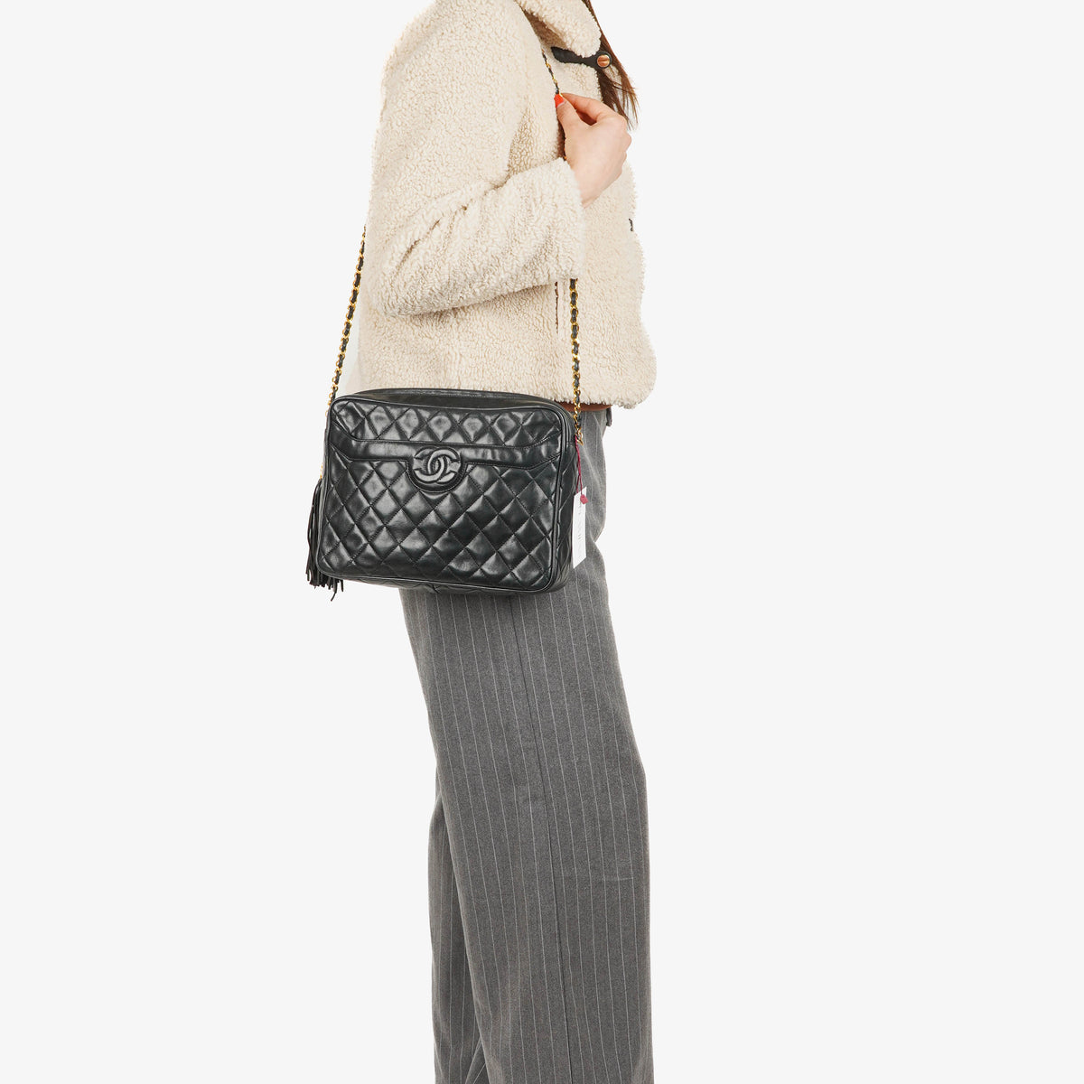 Chanel Vintage Camera Tassel Bag CC Front Pocket Black Quilted Lambskin
