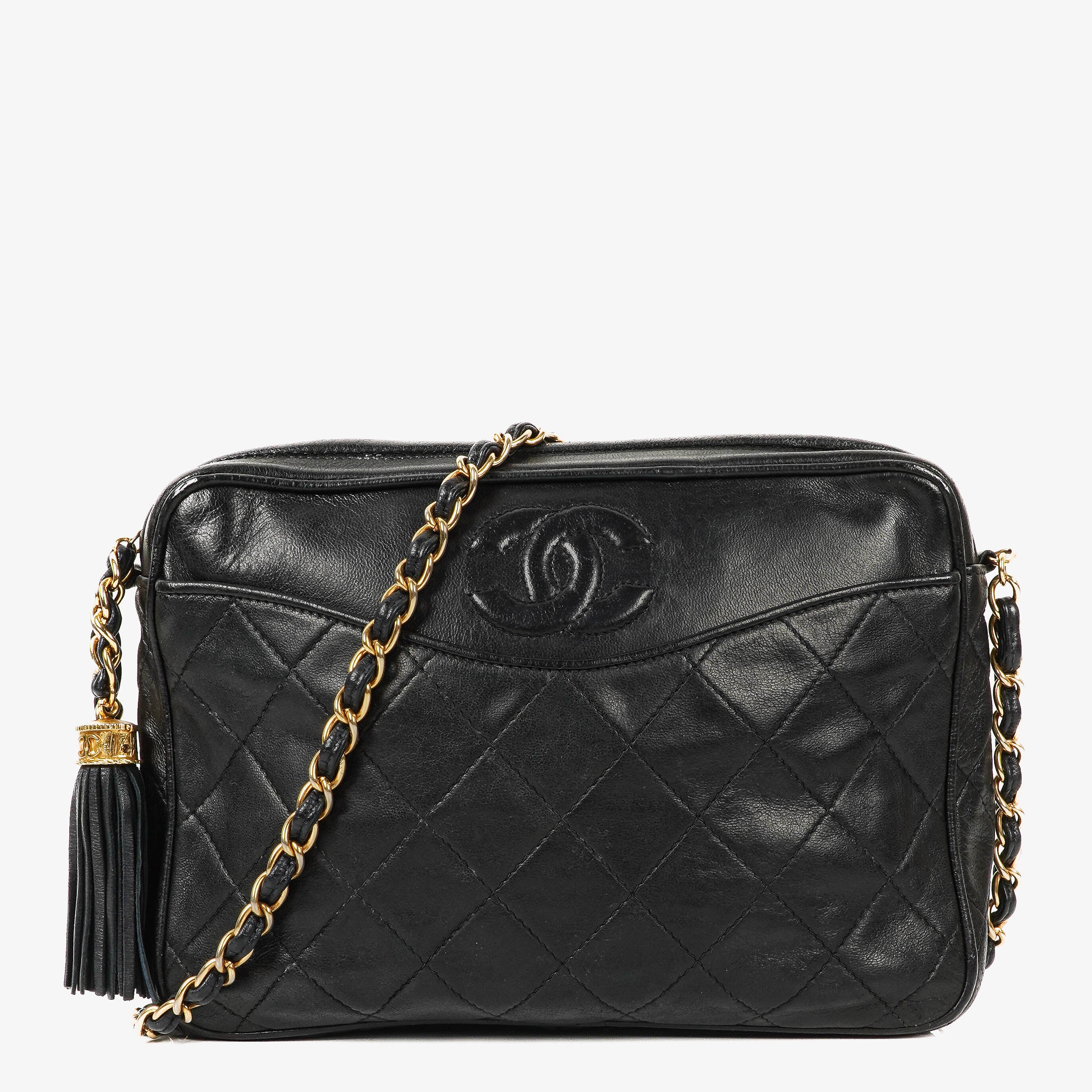 Chanel Vintage Camera Tassel Bag CC Front Pocket Black Quilted Lambskin