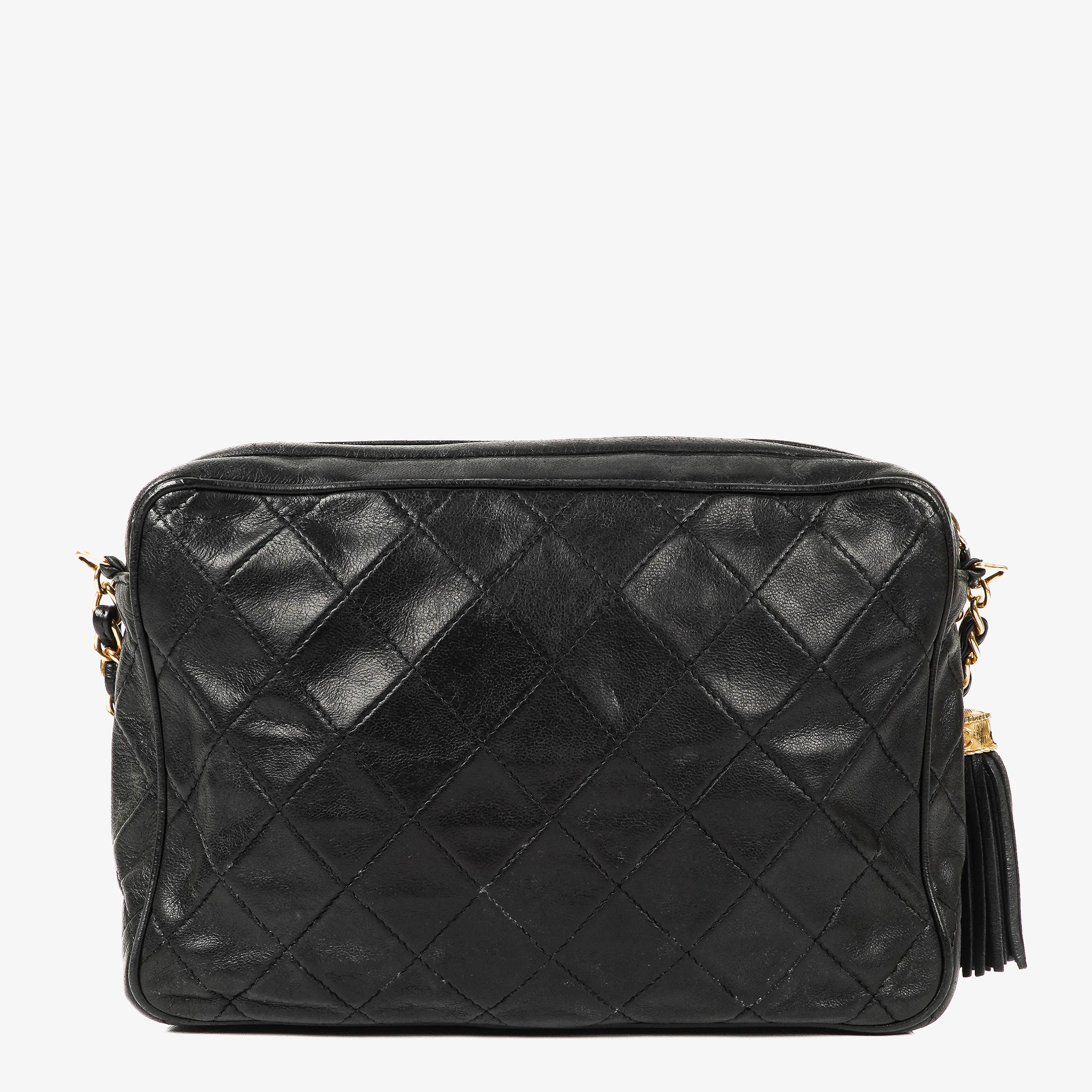 Chanel Vintage Camera Tassel Bag CC Front Pocket Black Quilted Lambskin