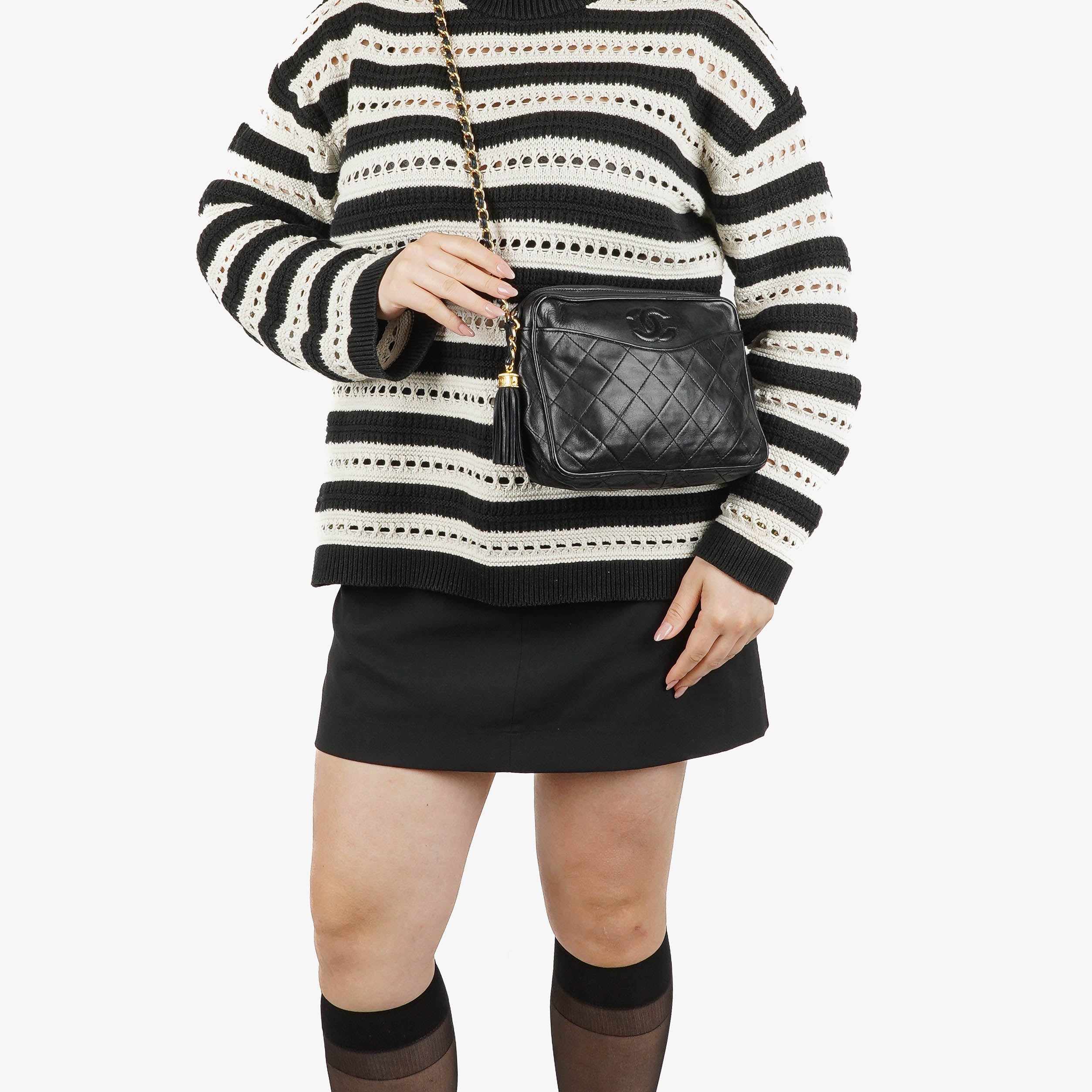 Chanel Vintage Camera Tassel Bag CC Front Pocket Black Quilted Lambskin