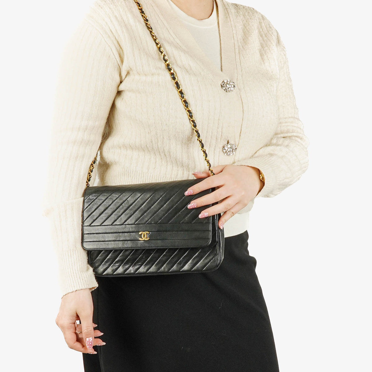 Chanel Diagonal Medium Classic Black Quilted Lambskin Single Flap Bag With 24K Gold-Plated Hardware