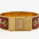 Hermes Red Equestrian Enamel and Gold Plated Loquet Bangle Quartz Watch L01.200