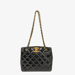 Chanel Quilted Black Patent Leather CC Shoulder Bag