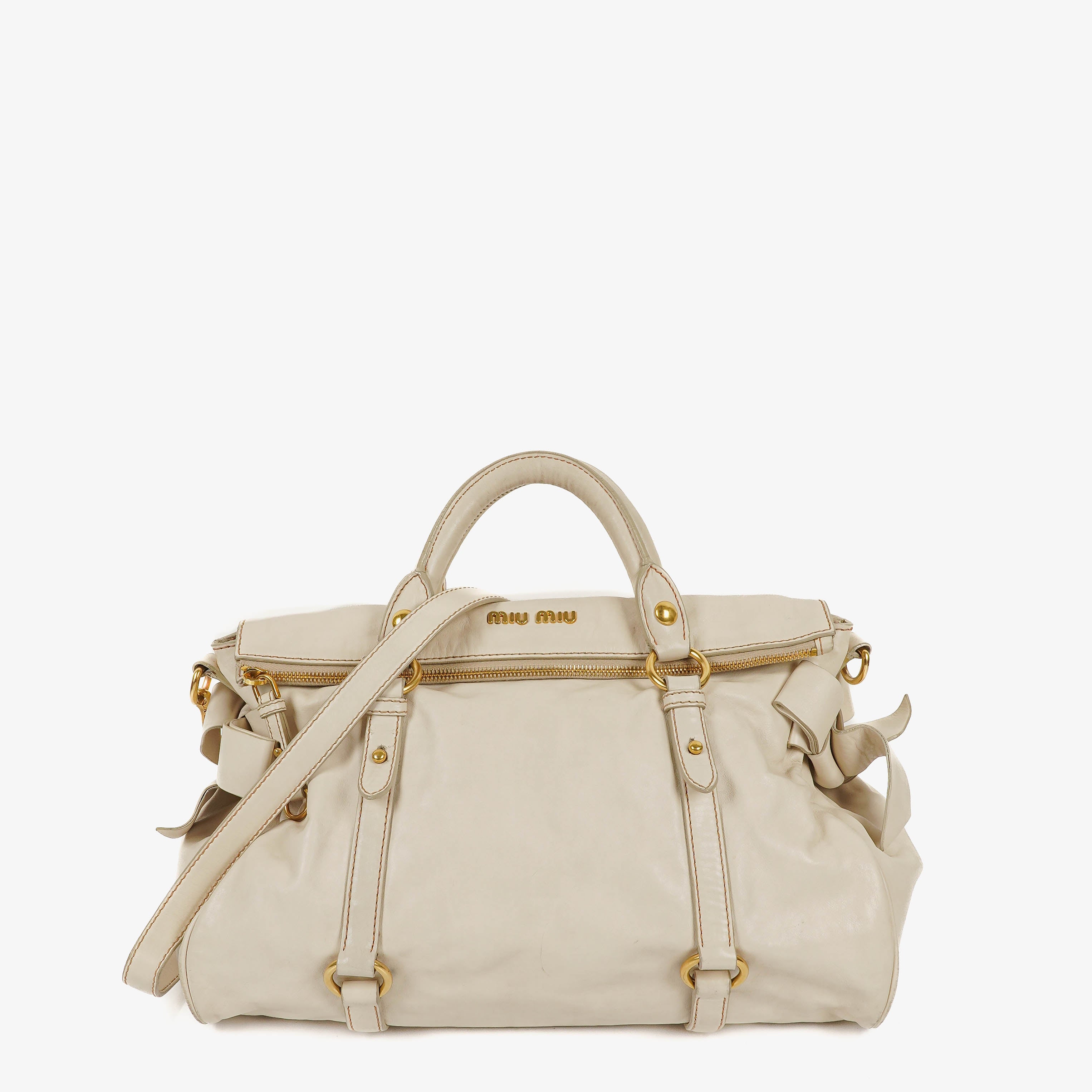 Miu Miu Borsa a Mano Vitello Lux con Fiocco Talco
