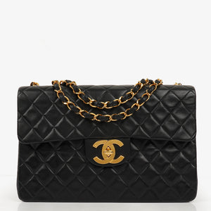 Chanel Jumbo CC Classic Single Flap Maxi Logo Bag Black Quilted Lambskin 24K Gold-Plated Hardware