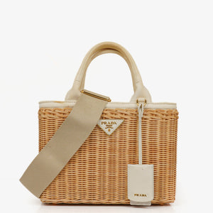 Prada Naturale White Medium Wicker and Canvas Tote Bag