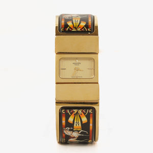 Hermes Black Equestrian Enamel and Gold Plated Loquet Bangle Quartz Watch L01.100