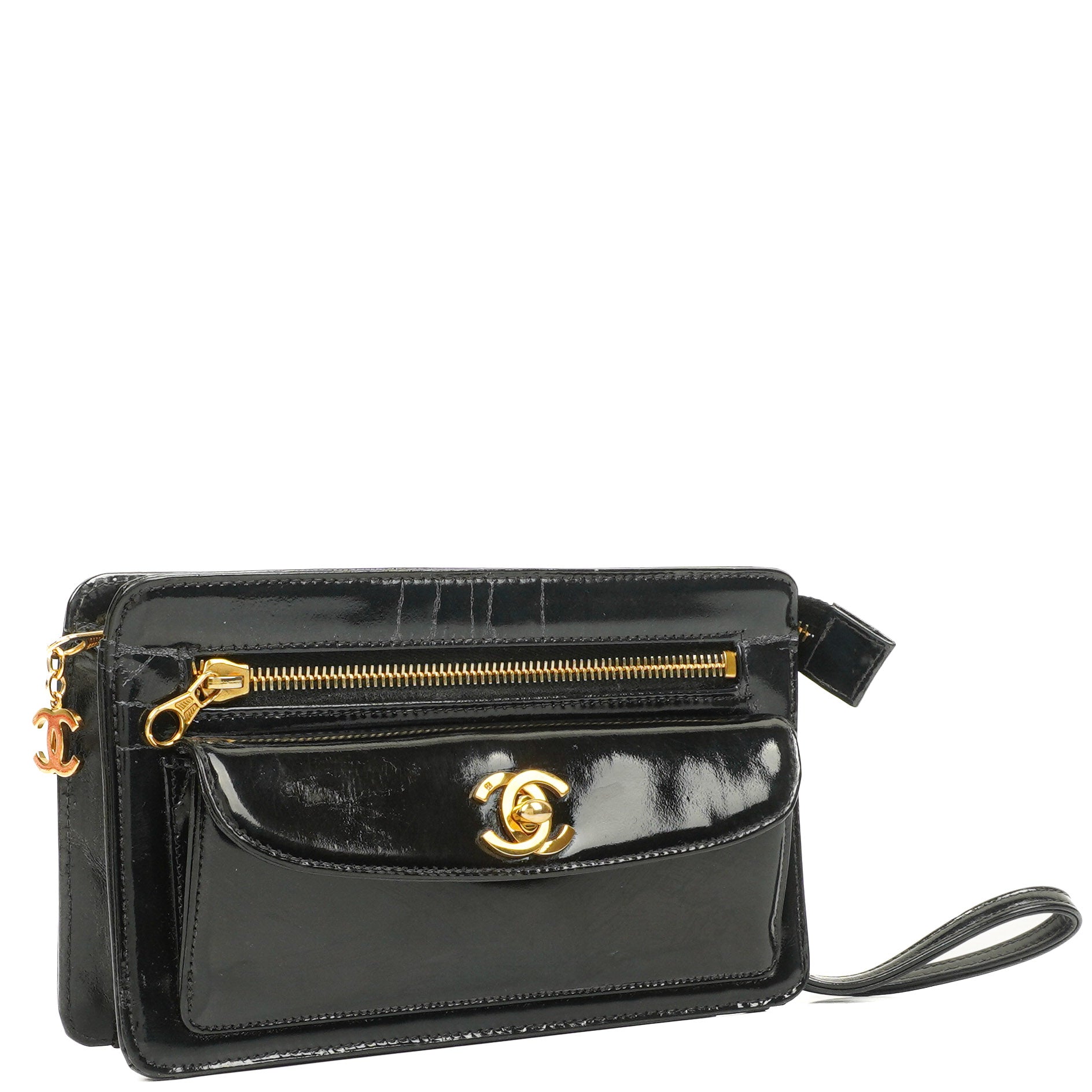 Chanel CC Schwarze Lackleder Handgelenktasche 24K Gold Beschläge