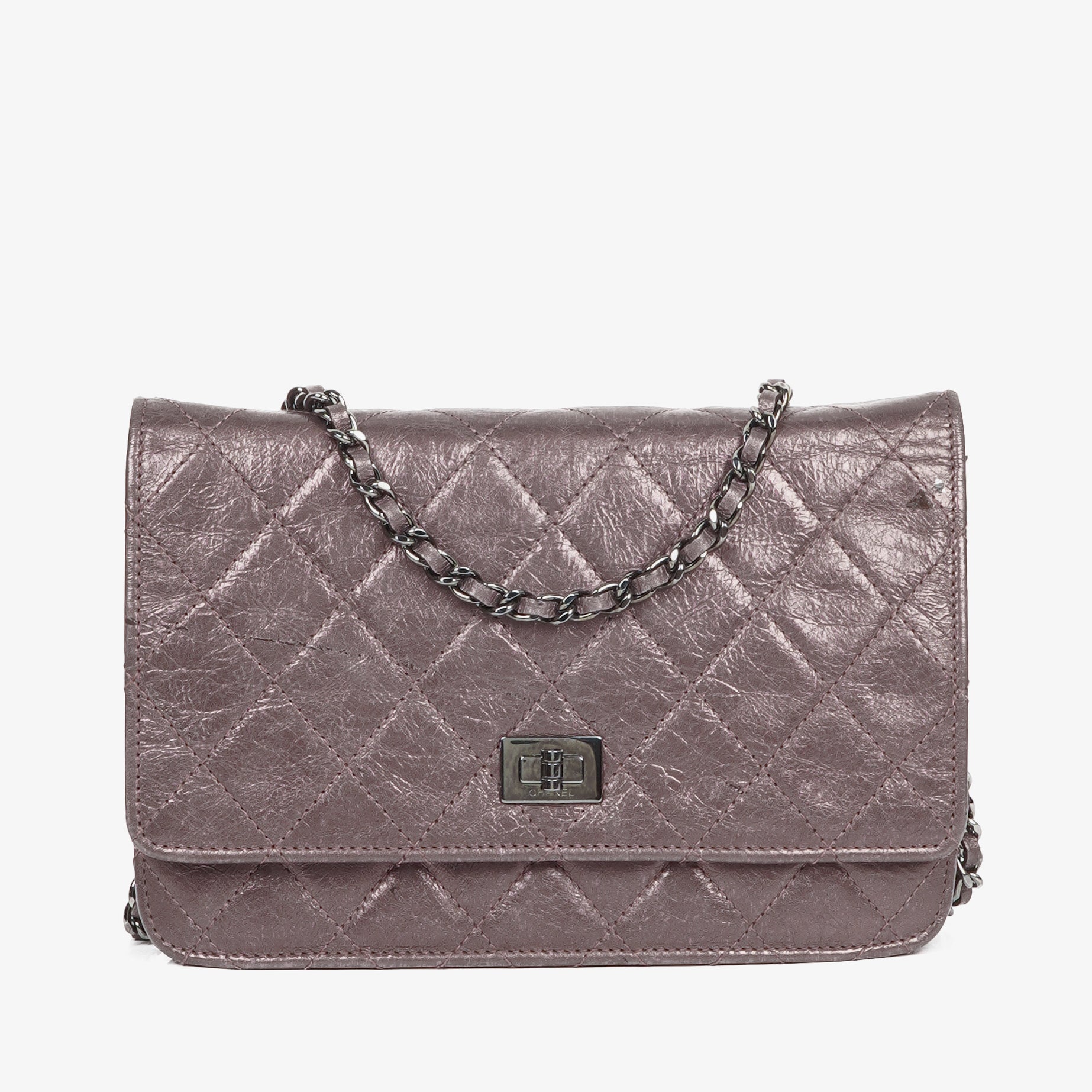 Chanel 2.55 Reissue Wallet on Chain WOC in Purple Quilted Aged Metallic Calfskin