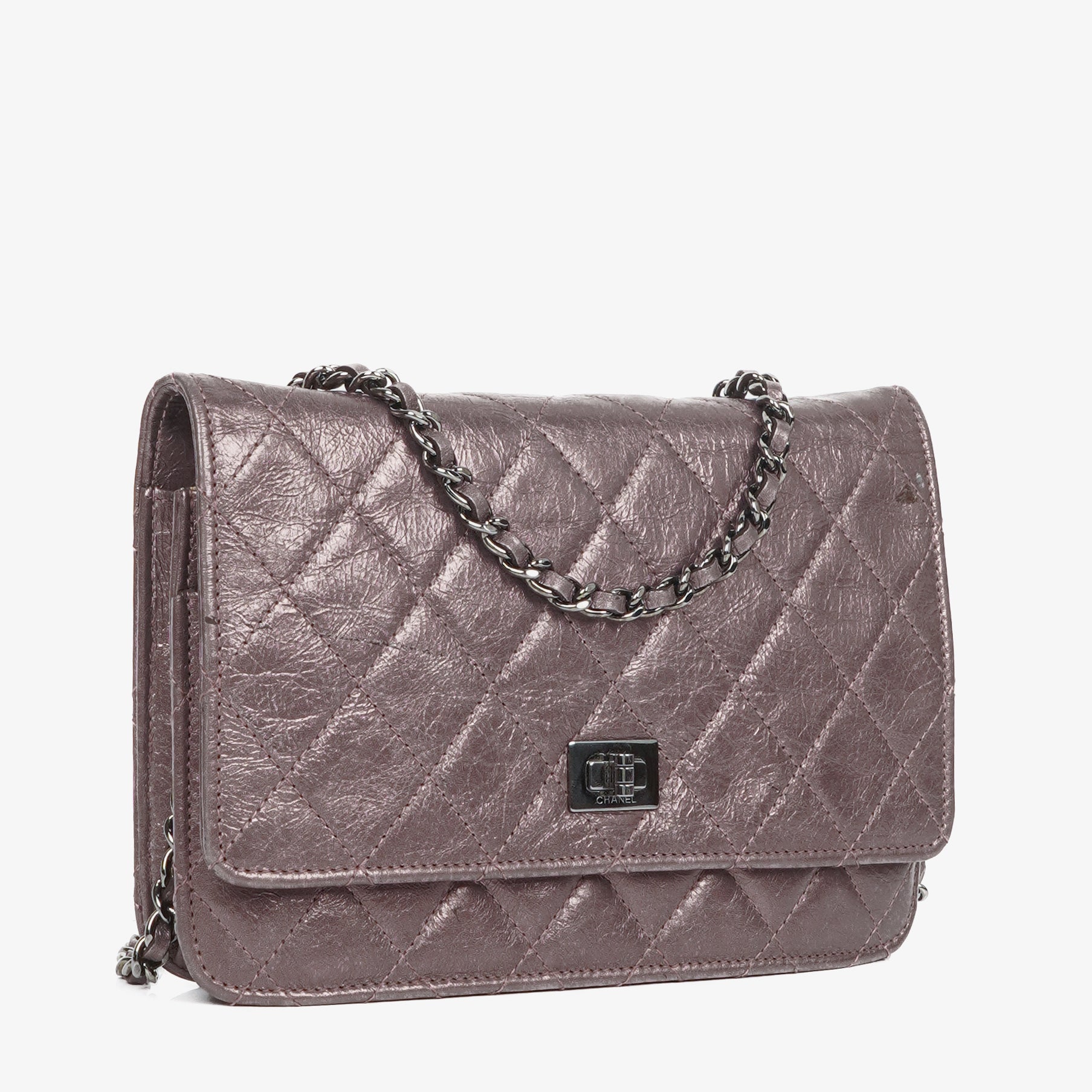 Chanel 2.55 Reissue Wallet on Chain WOC in Purple Quilted Aged Metallic Calfskin