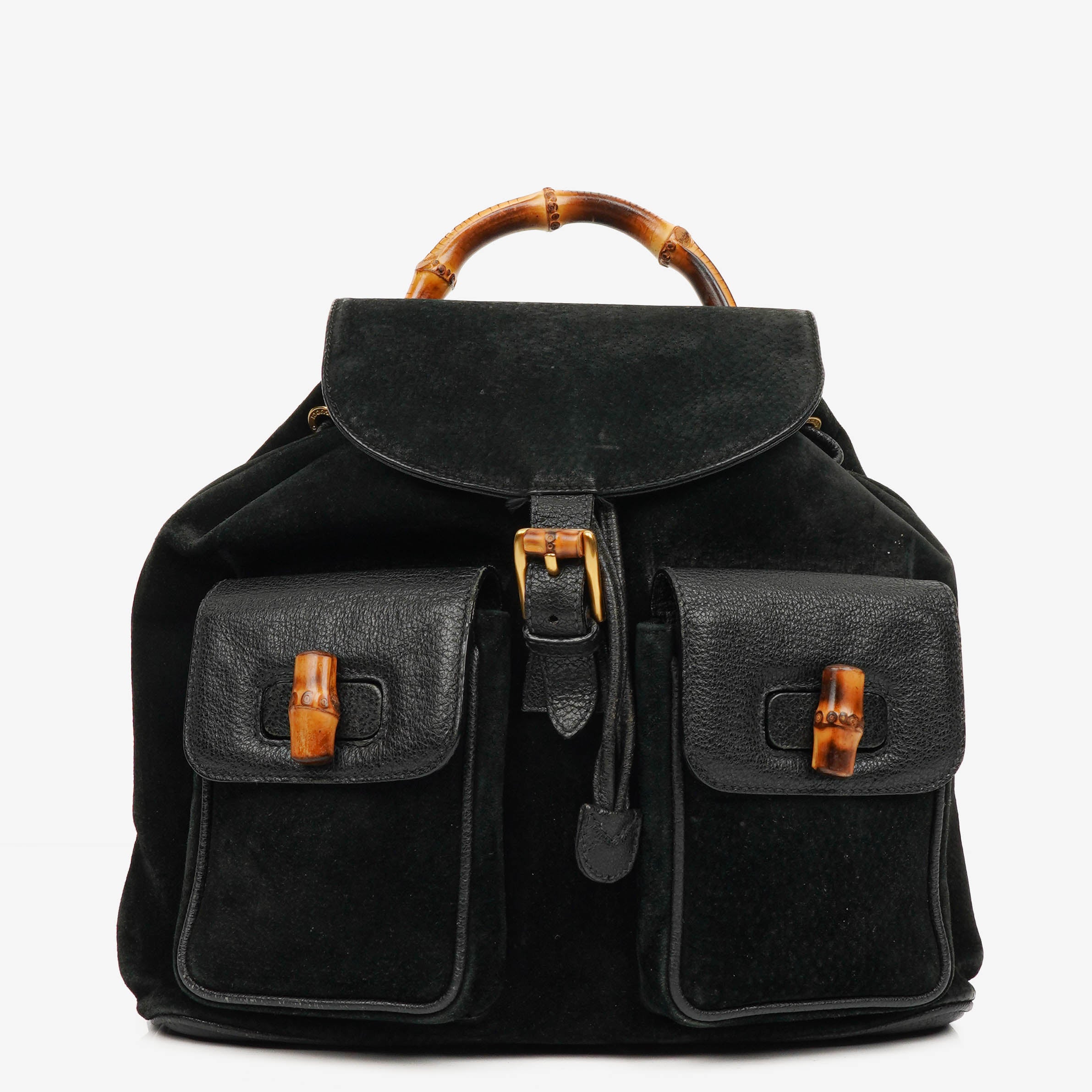 Gucci Vintage Black Suede and Leather Bamboo Backpack