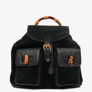 Gucci Vintage Black Suede and Leather Bamboo Backpack