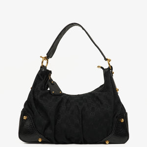 Gucci Black Leather And Cloth Medium Jockey Hobo Bag