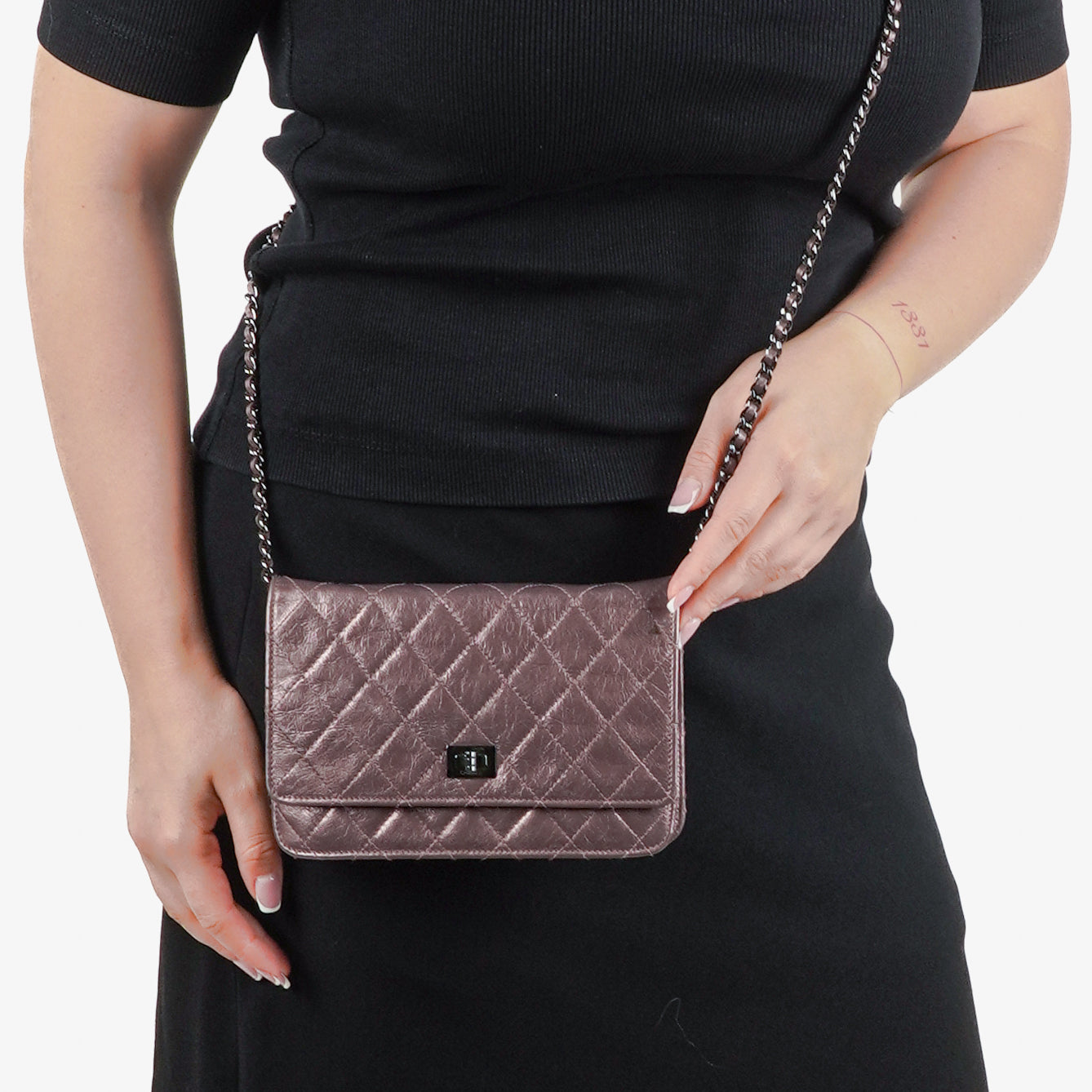 Chanel 2.55 Reissue Wallet on Chain WOC in Purple Quilted Aged Metallic Calfskin