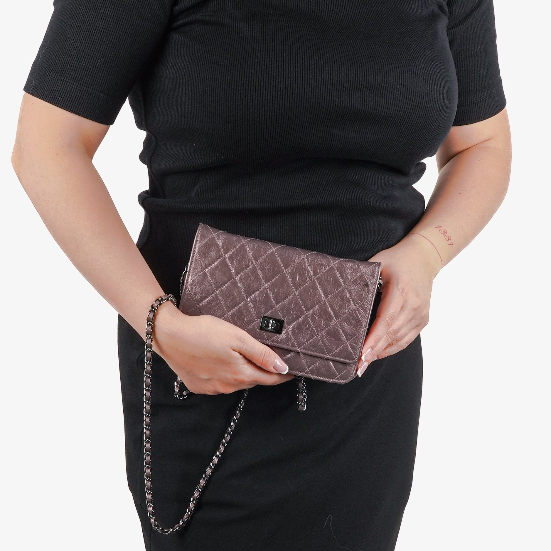 Chanel 2.55 Reissue Wallet on Chain WOC in Purple Quilted Aged Metallic Calfskin