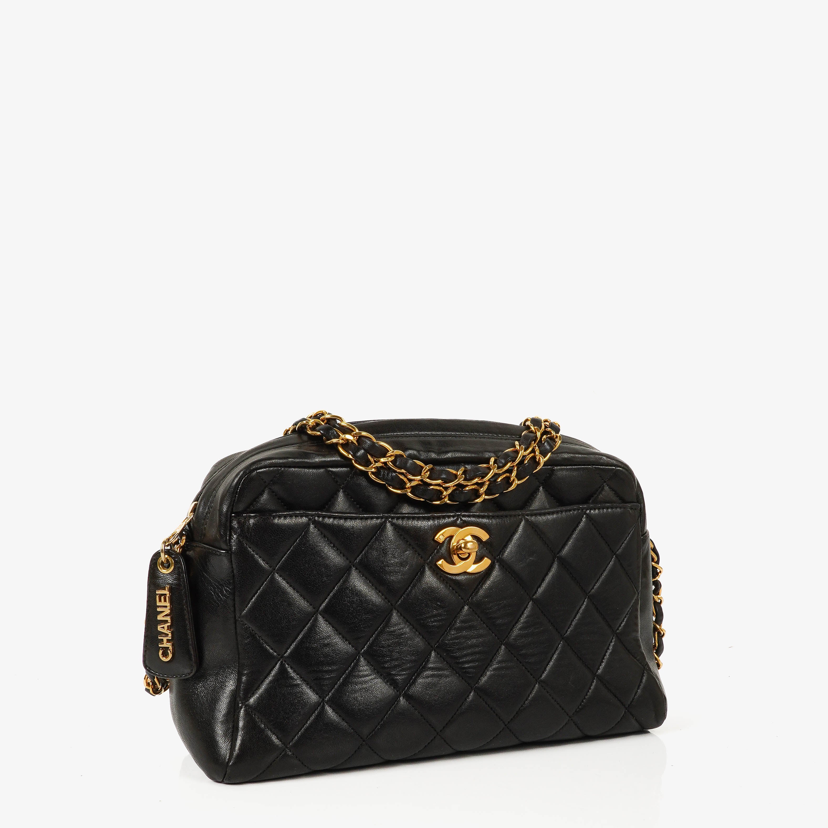 Chanel Vintage Fronttasche Kamera-Tasche Schwarz Steppleder mit 24K vergoldeter Hardware