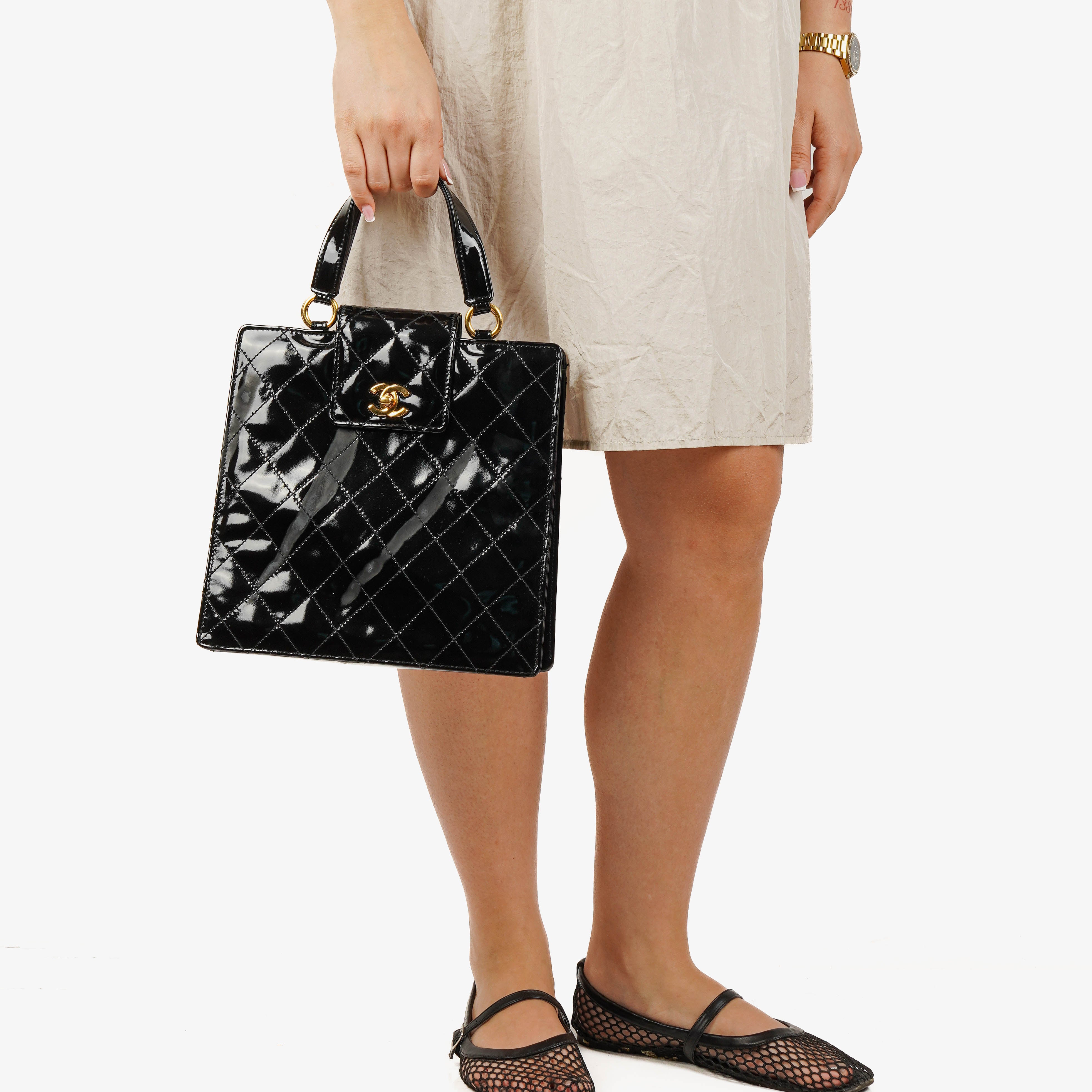 Chanel CC Black Quilted Patent Leather Handbag With 24K Gold-Plated Hardware