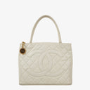 Chanel Medallion Vintage Tote Bag In White Quilted Caviar Leather