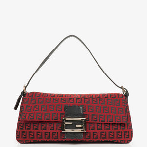 Fendi Red and Black Baguette Zucchino Shoulder Bag