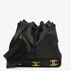 Chanel Black Leather CC Drawstring Shoulder Bag