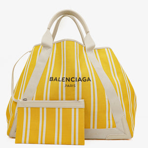 Balenciaga Yellow/White Navy Cabas Calfskin Logo Print Handbag