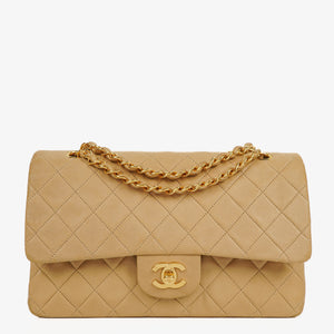 Chanel Medium Classic Vintage Double Flap Bag Beige Quilted Lambskin 24K Gold-Plated Hardware