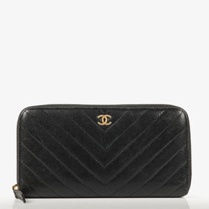 Chanel Large Gusset Zip Around Black Chevron Quilted Lambskin Wallet