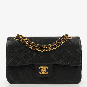 Chanel Vintage Classic Double Flap Bag in Quilted Black Lambskin with 24K Gold-Plated Hardware