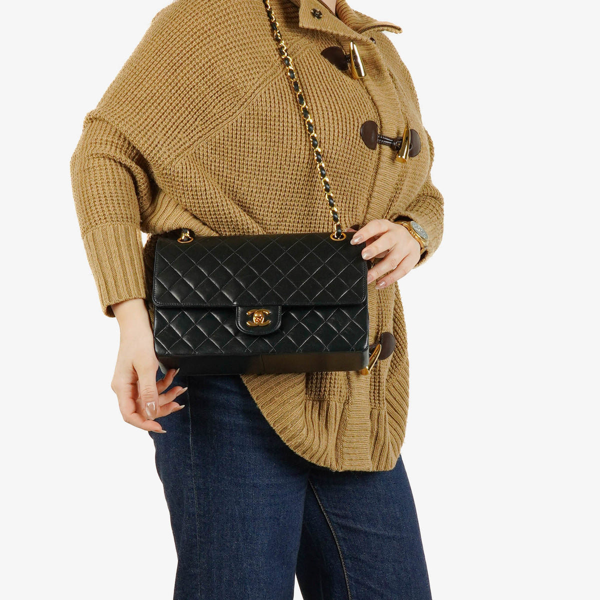 Chanel Vintage Classic Double Flap Bag in Quilted Black Lambskin with 24K Gold-Plated Hardware